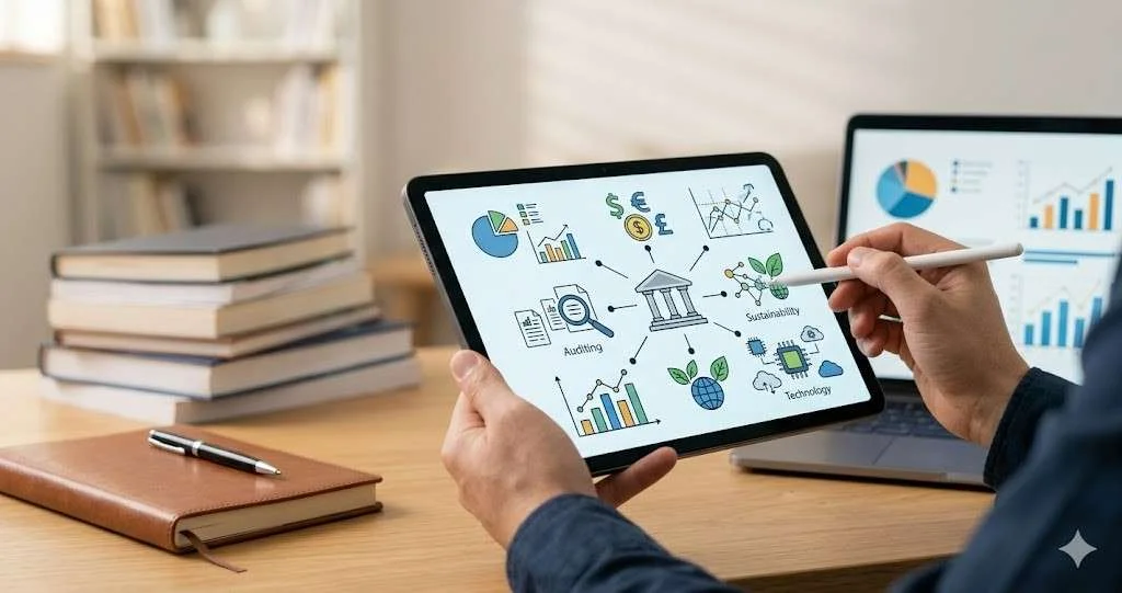 Student explores accounting dissertation topics on a digital tablet, linking icons for auditing, sustainability, and technology, in a modern academic workspace.