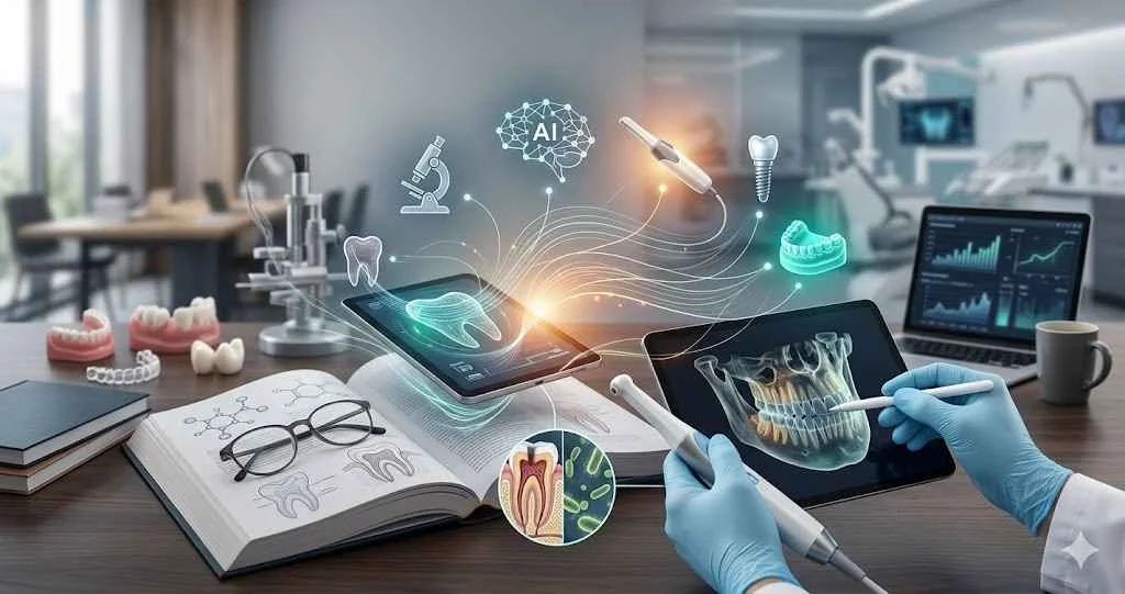 A symbolic and modern scene of high-tech dentistry research. A dental scientist working with a futuristic tablet showing a brain icon with "AI", connected by glowing lines to other innovations like a microscope, a dental implant, and a digital 3D jawbone scan. Below are open books with anatomical tooth drawings and spectacles. This represents finding the best dentistry dissertation topics for 2026.