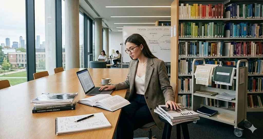 A wide photograph of a university student in a library focused on fashion dissertation research, surrounded by resources, including laptops, books, and fabric samples.