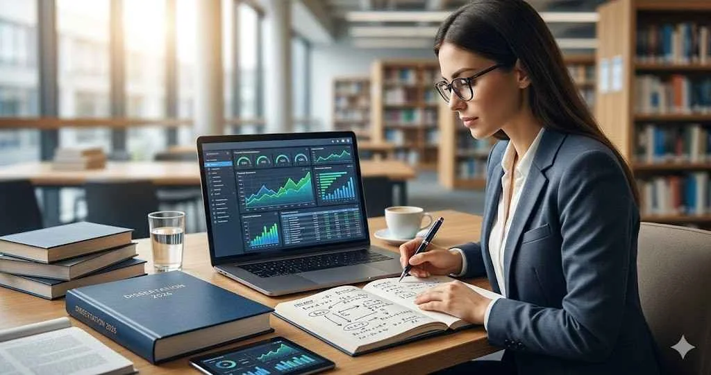 A postgraduate student analyzing financial data dashboards on a laptop with a 2026 dissertation manuscript and research notes in a library setting