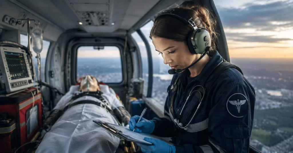 Flight nurse documenting patient care inside helicopter air ambulance during flight with medical equipment and patient on stretcher