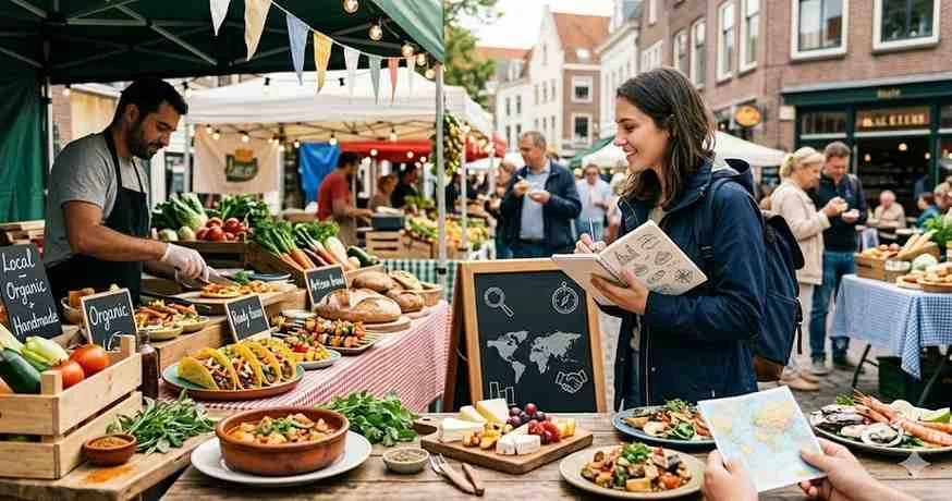 A female student taking notes at an outdoor local food market featuring organic produce and traditional dishes for a tourism dissertation study.