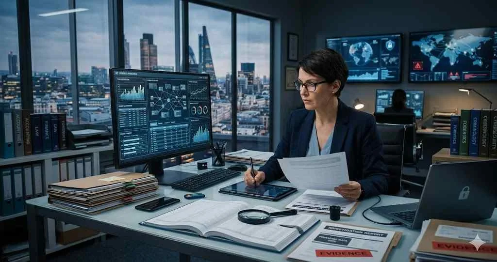 A professional forensic accountant examining digital fraud data and financial evidence in a modern office to identify research gaps for 2026 dissertations