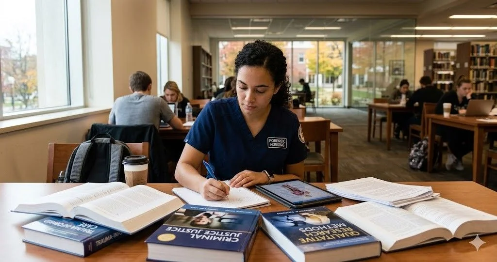 A forensic nursing student in blue scrubs writing in a notebook in a university library surrounded by textbooks on trauma care and criminal justice.