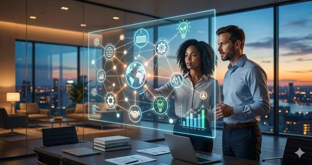 Two professionals interact with a digital holographic display showing a dynamic global supply chain, logistics nodes, and sustainable procurement icons in a modern office at sunset.