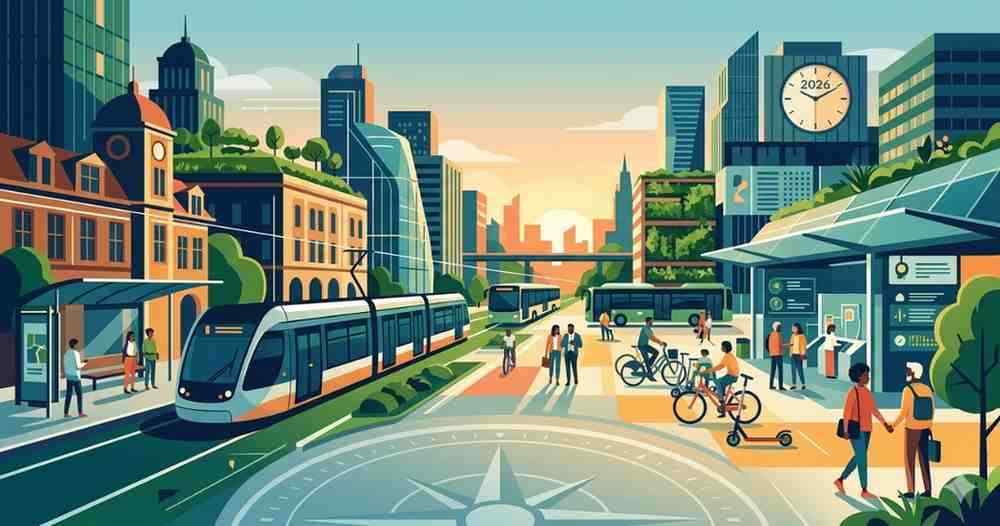 Illustration of a modern sustainable smart city with green buildings solar panels and light rail.