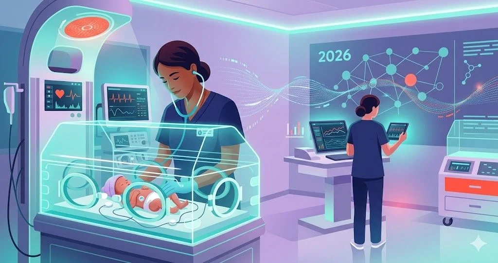 An illustration of neonatal nurses working in a high tech NICU with a premature infant in an incubator and digital data screens representing 2026 medical research.
