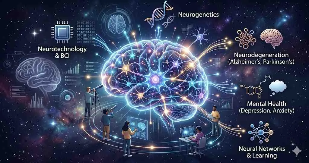 A glowing digital human brain surrounded by research icons representing neurogenetics, mental health, and brain computer interfaces with students analyzing data on screens.