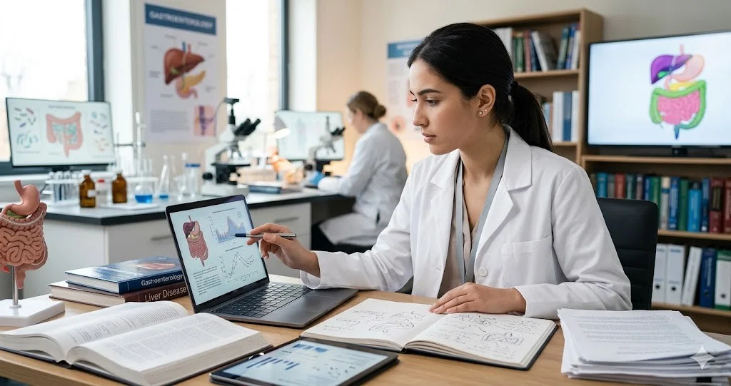 A 1200x628 image of a medical researcher next to an abstract 3D gut microbiome rendering.