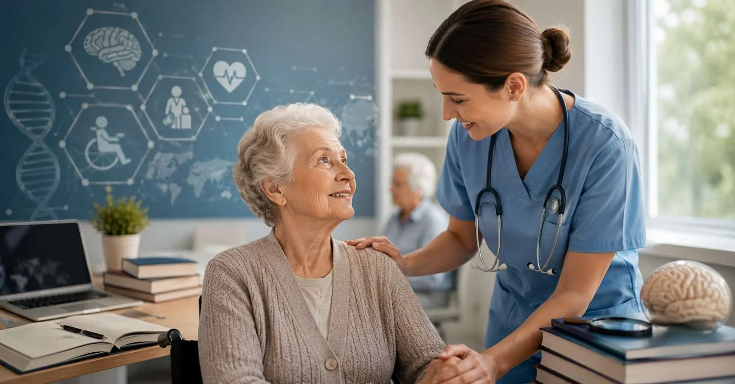 Nurse providing compassionate care and support to an elderly patient in a modern clinical healthcare environment