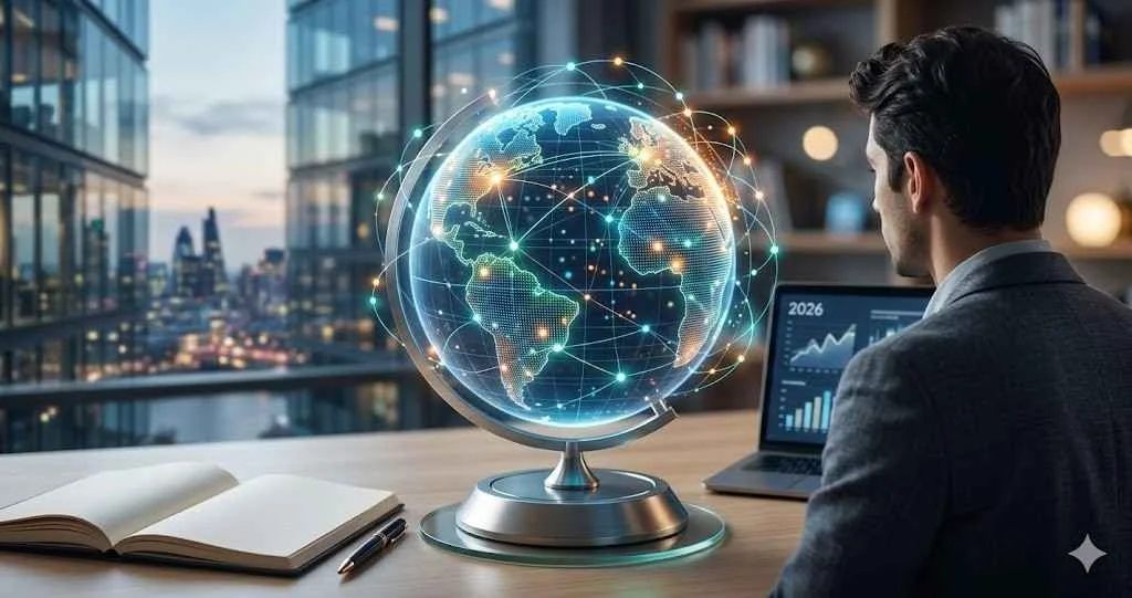 A businessman in a modern office looking at a glowing digital globe with network connections and a laptop displaying 2026 financial growth charts.