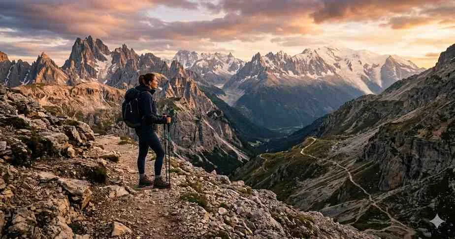 A female hiker with trekking poles and a backpack standing on a mountain path looks out over a sweeping landscape of snowy peaks and a deep valley at sunset.