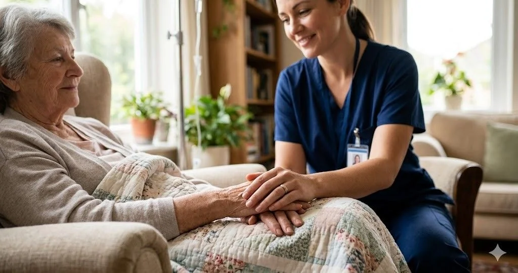 A hospice nurse wearing blue scrubs smiling while holding the hands of an elderly woman resting in a chair within a home care setting