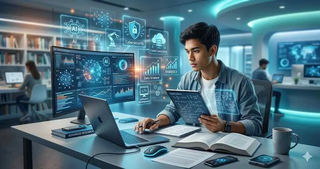 A male university student sitting at a desk with a laptop and open books, studying advanced technology concepts like AI, cybersecurity, and data science, with holographic interfaces displaying research topics in a futuristic library environment.