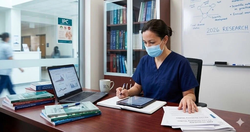 A nursing student wearing a surgical mask and blue scrubs sits at a desk with a laptop and medical journals to research infectious disease dissertation topics.