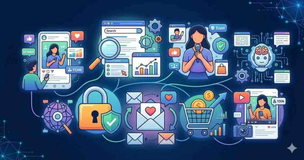 A colorful vector infographic mapping an interconnected digital marketing workflow, featuring social media video, search analytics, influencer content, cybersecurity protocols, email marketing automation, a shopping cart, and an AI chatbot.