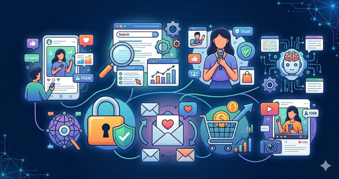 A colorful, modern, text-free digital illustration clustering eight distinct marketing icons from image_0.png against a deep blue gradient background. A glowing smartphone, a search magnifying glass, an influencer figure, an AI robot head, a padlock with a shield, a heart-shaped envelope, a shopping cart with graphs, and a play button are all interconnected by soft glowing lines and data points.