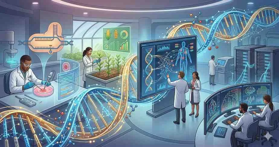Illustration of a high-tech lab with researchers analyzing DNA sequences and patient data in an integrated bioinformatics hub.