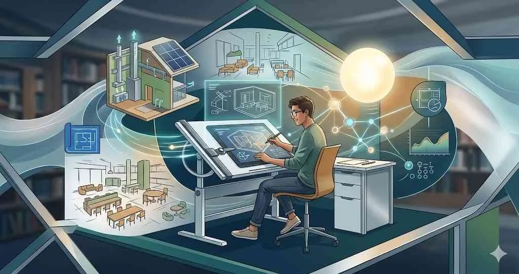 Illustration of an interior design student at a drafting table surrounded by holographic architectural models and data visualizations.