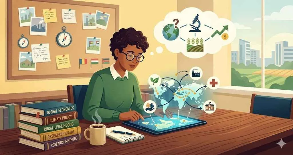 An illustration of a student researching international development dissertation topics with a glowing world map and conceptual development icons.