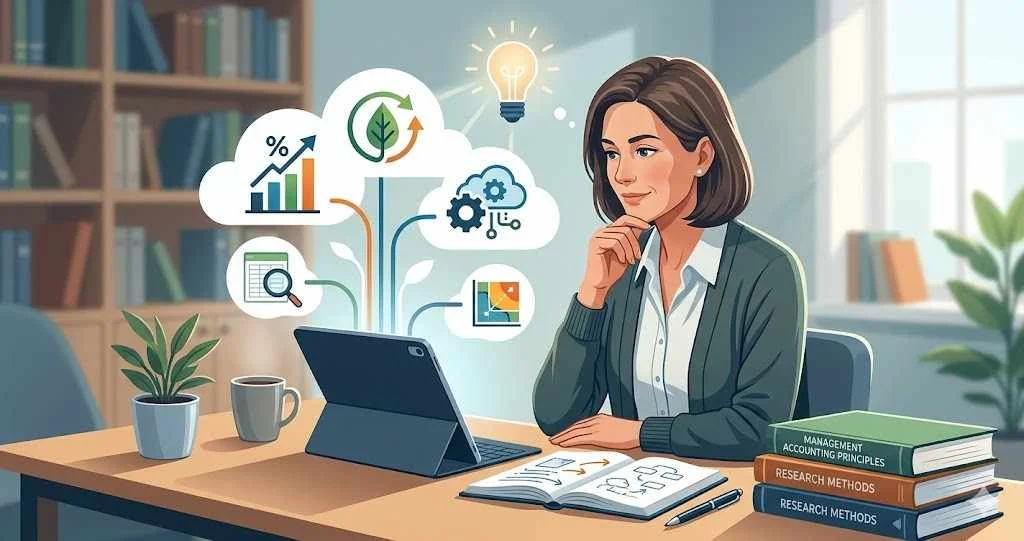 A female student researching management accounting dissertation topics on a tablet with icons for sustainability and data analytics in a library setting.