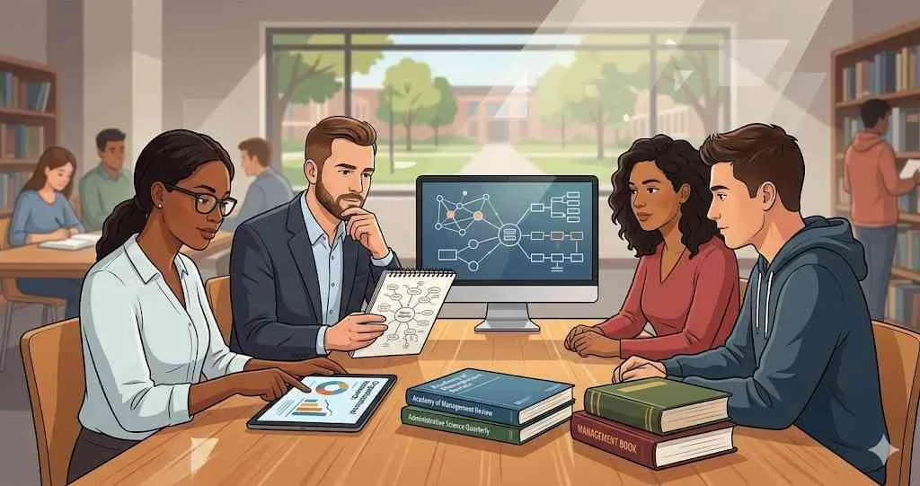 Four diverse university students collaborating and brainstorming a management research paper at a library table, surrounded by textbooks and digital devices displaying analytics.