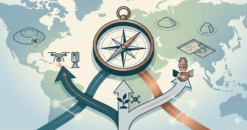 A flat lay illustration featuring a classic compass on a world map with icons representing digital archaeology drones climate research and heritage collaboration.