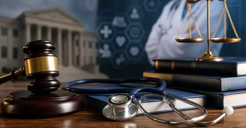 A medical stethoscope, judge's gavel, brass scales of justice, and law books on a desk, with a blurred background showing a doctor and a courthouse building.