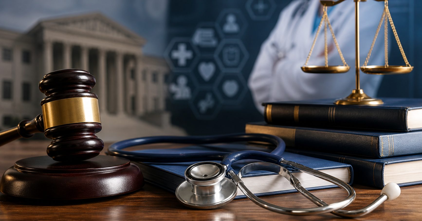 Medical law concept showing a judge gavel, stethoscope, legal books and scales of justice representing healthcare law, ethics and clinical regulation