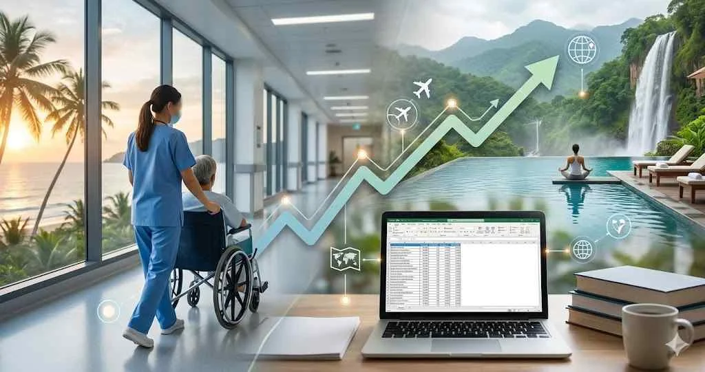 Illustration combining a modern clinic and a wellness retreat with growth charts to represent research trends in medical wellness tourism.