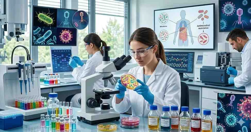 A female scientist in a modern laboratory examines a Petri dish while digital screens display human microbiome data and viral structures for 2026 research