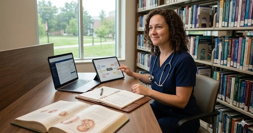 A midwifery student in scrubs looks thoughtfully at a tablet while surrounded by laptops, books, and bookshelves in a quiet library environment.