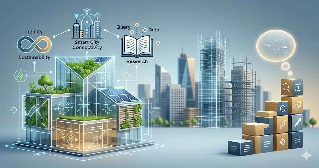 A conceptual 3D visualization showing a sustainable green building with solar panels next to digital icons representing smart city connectivity and academic research data.