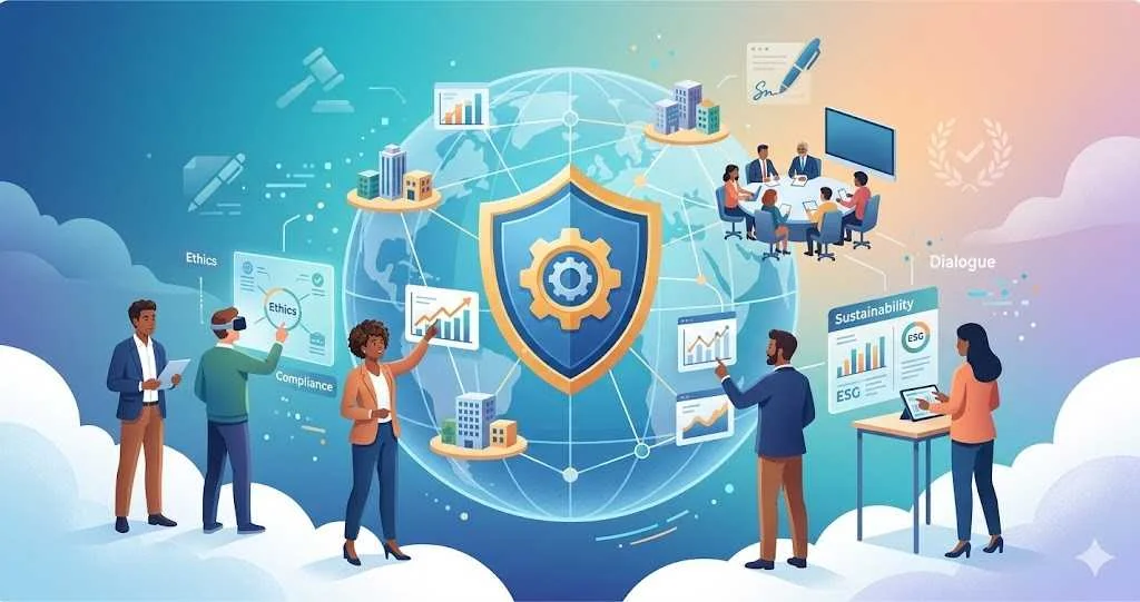 A digital illustration showing a diverse team of professionals analyzing global data charts and ESG sustainability metrics around a central shield icon representing corporate compliance.