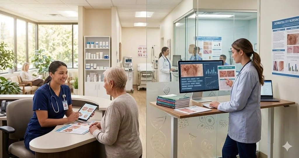 A dermatology nurse showing a skin diagram on a tablet to an elderly patient while another nurse analyzes digital skin scans on a computer in a modern clinic.