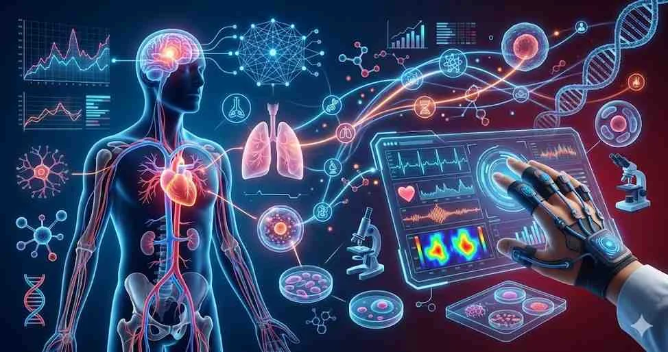 A digital illustration of the human body showing internal organ systems connected to a futuristic interface with data charts and microscopic cells.