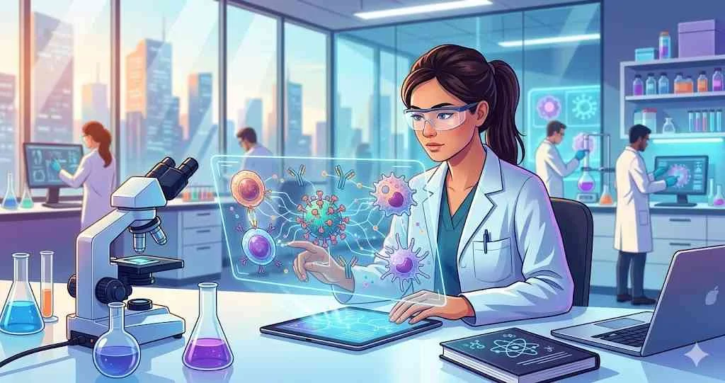 A young female immunology researcher works in a futuristic lab, analyzing a holographic projection of immune cells and viruses for a 2026 dissertation project.