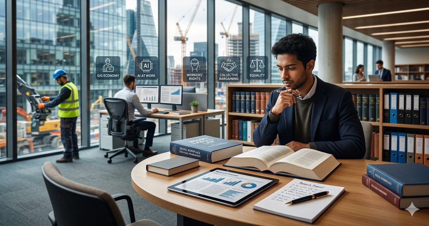 A law student researching labor law in a modern library, featuring legal textbooks, a digital tablet with data charts, and a view of diverse workplaces—from construction sites to corporate offices—representing the intersection of legal theory and the evolving global workforce.