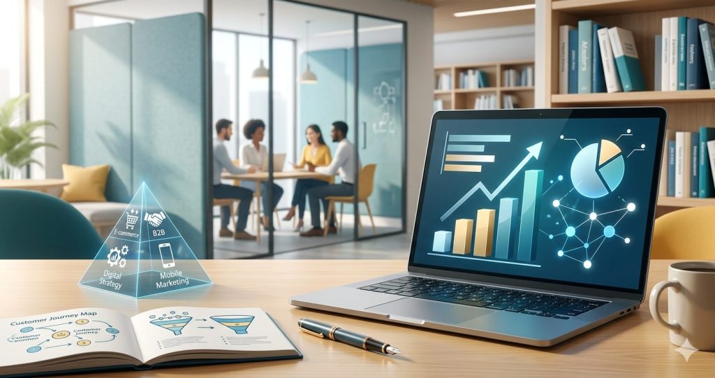 A modern business desk setup featuring an open laptop displaying 3D marketing graphs and network data. To the left, a digital holographic pyramid projects icons for E-commerce, B2B, and Mobile Strategy. A notebook with user journey diagrams sits in the foreground. In the background, a blurred university research space and diverse colleagues collaborating. No text is overlaid.