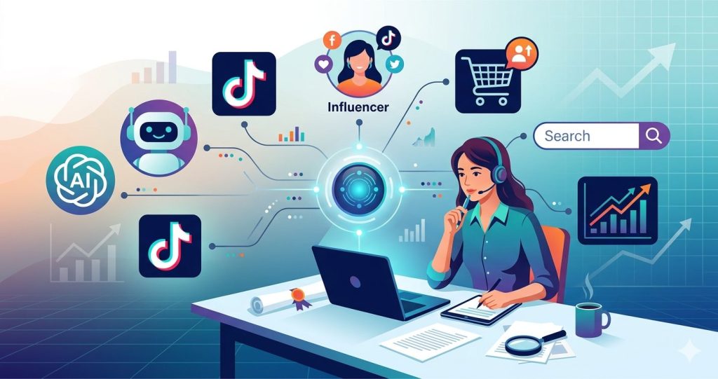 A professional vector illustration of a student researcher analyzing connected digital marketing trends like AI, vertical video, influencer engagement, and data analytics.