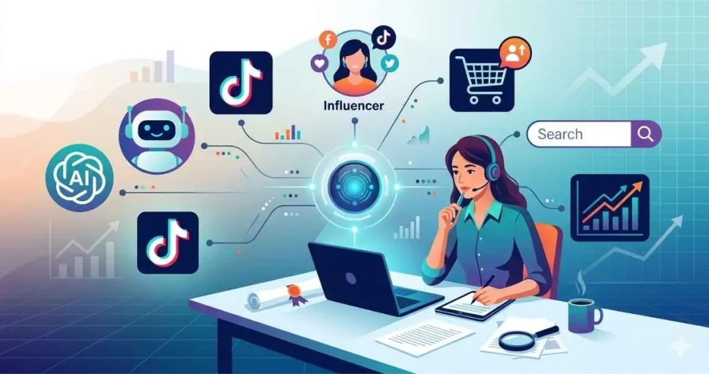 A checklist and guide outlining modern online marketing dissertation topics, featuring digital strategy, AI marketing, and social commerce themes.