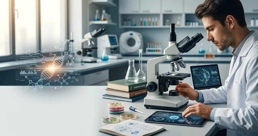 A medical researcher in a modern laboratory, using a microscope and looking at holographic DNA data, representing pathology research in 2026.