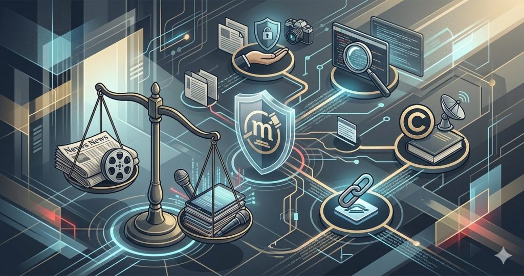 A dynamic, high-angle digital illustration showing a futuristic legal network. In the foreground, stylized scales of justice balance traditional and digital media symbols, connected to a central shield. Branching legal pathways and nodes, glowing in blues and gold, represent key themes like privacy, data ethics, intellectual property, and algorithmic transparency, all without visible text.