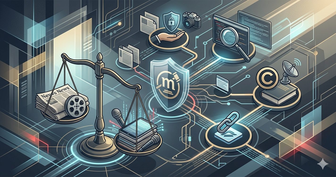 A dynamic, high-angle digital illustration showing a futuristic legal network. In the foreground, stylized scales of justice balance traditional and digital media symbols, connected to a central shield. Branching legal pathways and nodes, glowing in blues and gold, represent key themes like privacy, data ethics, intellectual property, and algorithmic transparency, all without visible text.