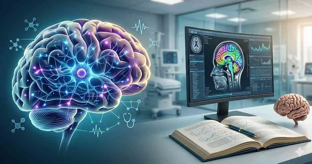 An illustration of a glowing human brain showing neural activity and medical icons next to a desktop computer displaying colorful brain scans in a clinic.