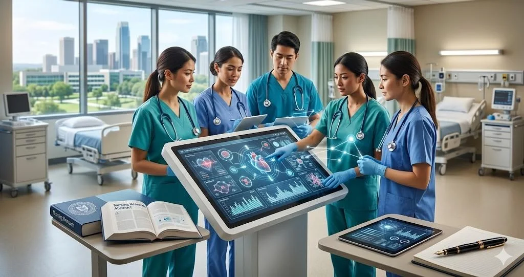 A group of nurses in teal scrubs reviews surgical heart data on a large touchscreen monitor within a hospital ward.