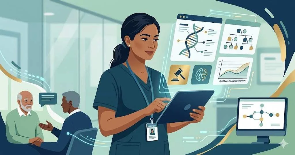 A nurse uses a tablet displaying a DNA double helix, family tree, and health graphs in a high tech research lab.