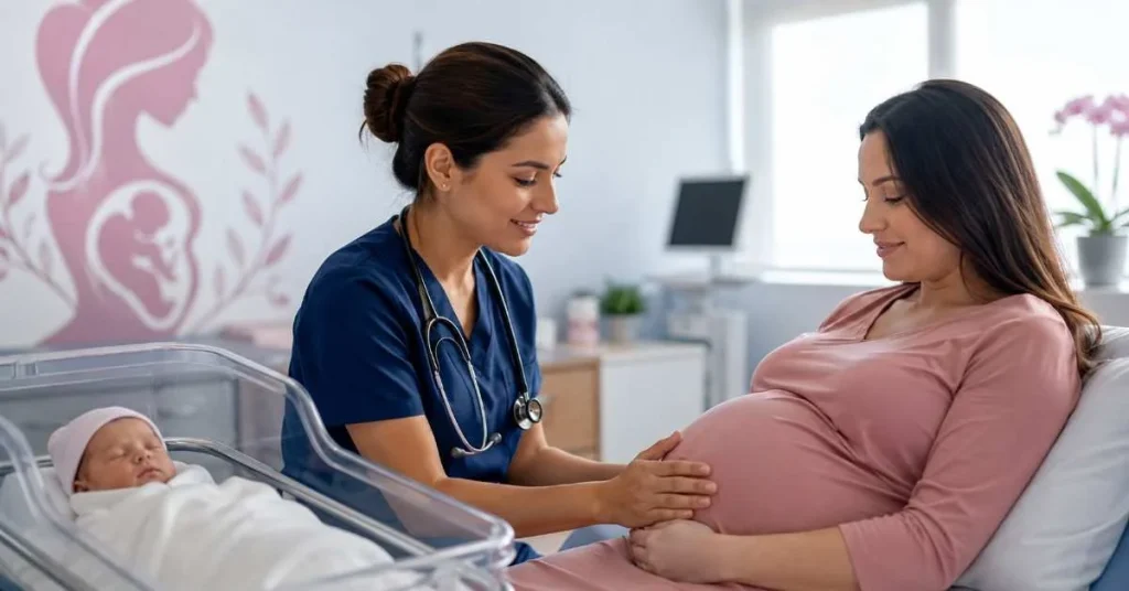 Pregnant woman consulting with an OBG nurse in a modern maternity hospital setting