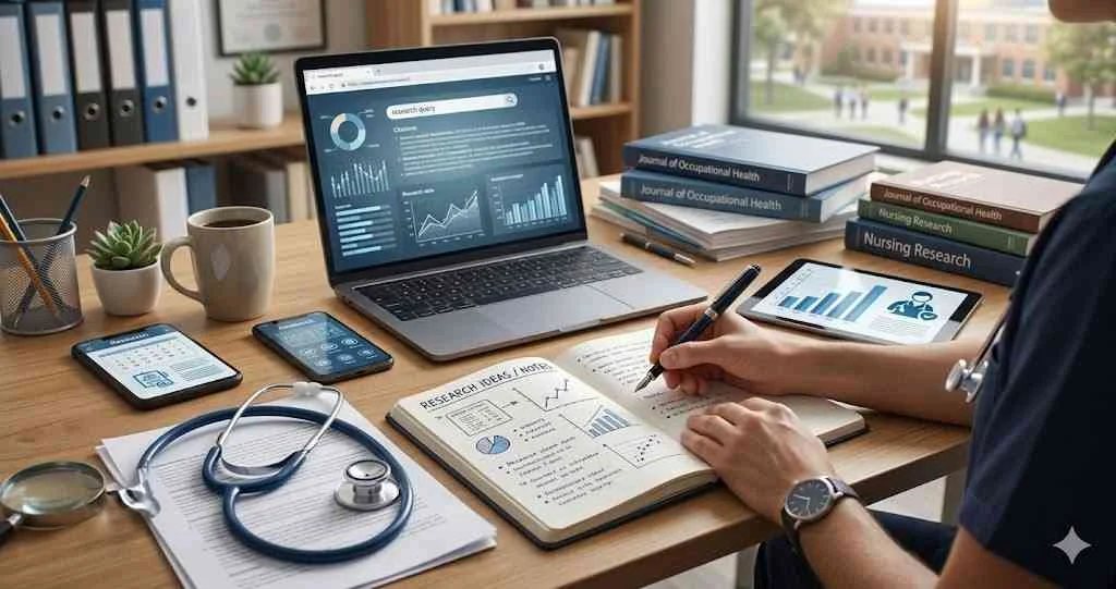 A healthcare professional at a desk writing research notes in a journal next to a stethoscope and a laptop displaying data charts.