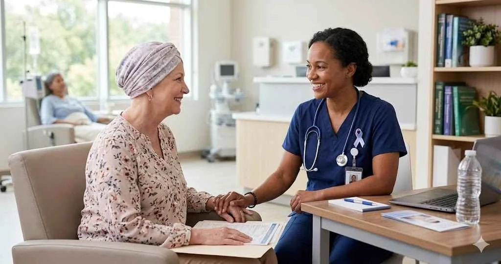 A smiling oncology nurse wearing a cancer ribbon pin holds the hand of a female cancer patient in a treatment center clinic.